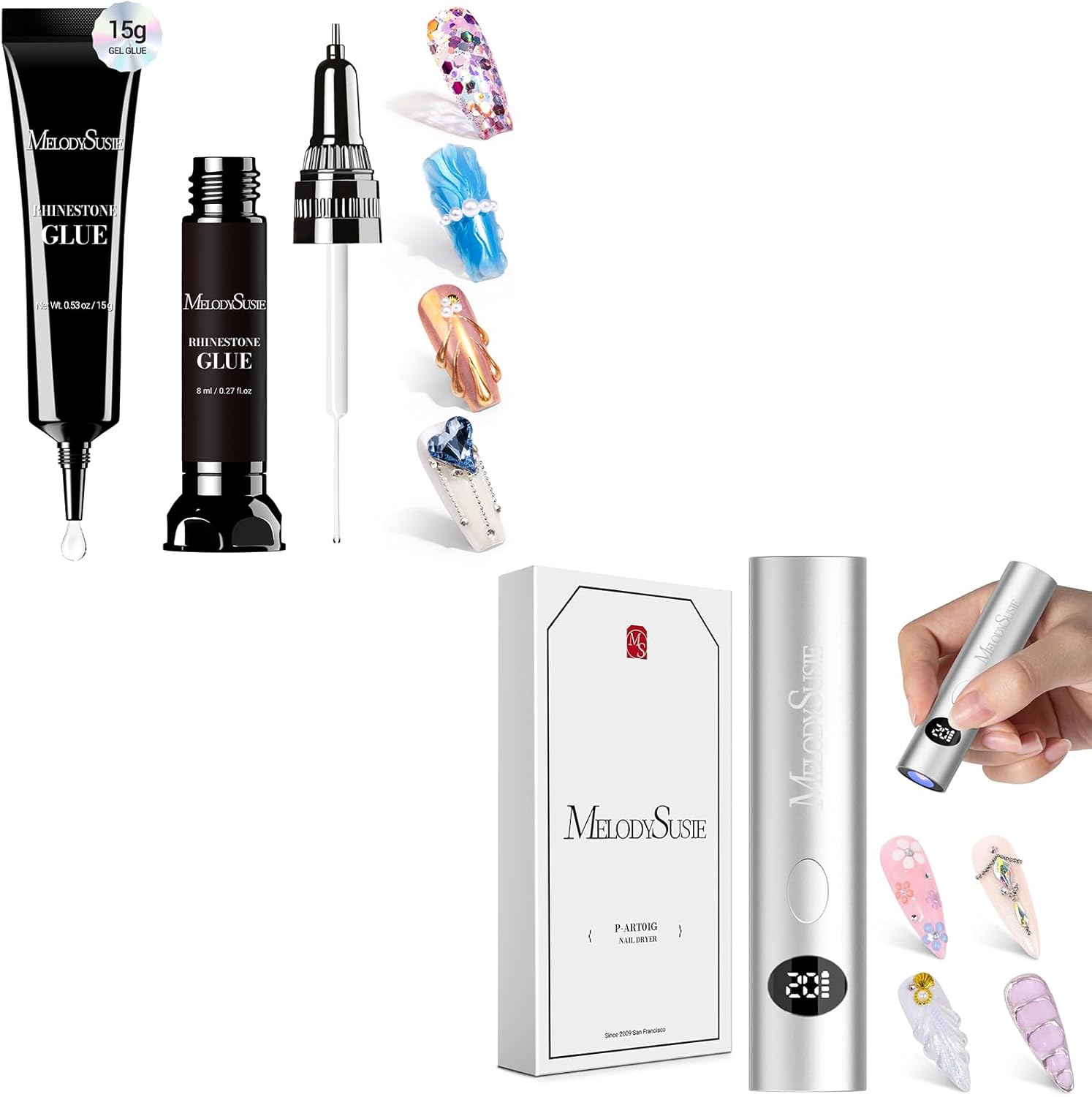 MelodySusie Handheld UV Light for Gel Nails Nail Rhinestone Glue Set