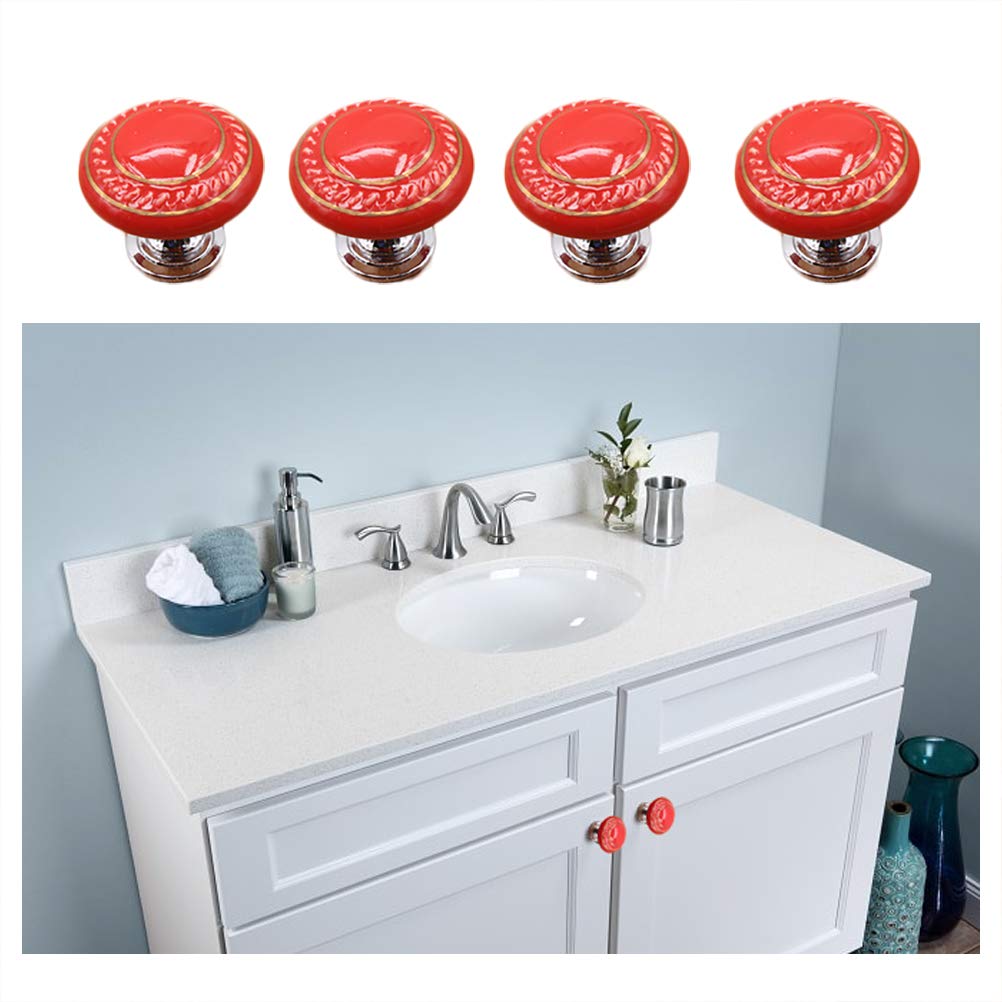 4 Pcs Self-Stick Resin Cabinet Knobs Pull Handle Vintage Round Shape Drawer Auxiliary Pulls Handle Helper Kitchen Sliding Door Window Wardrobe Handle Sticker Cupboard Knobs (Red)