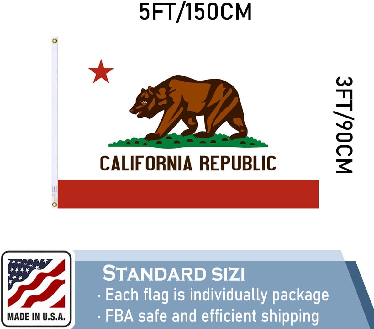 California Republic State Flag 3x5 FT Made in The USA-Heavy Duty Vibrant Colors Double Sided Cali CA Flag with 2 Brass Grommets for Home/Company/Indoor Outdoor Decoration