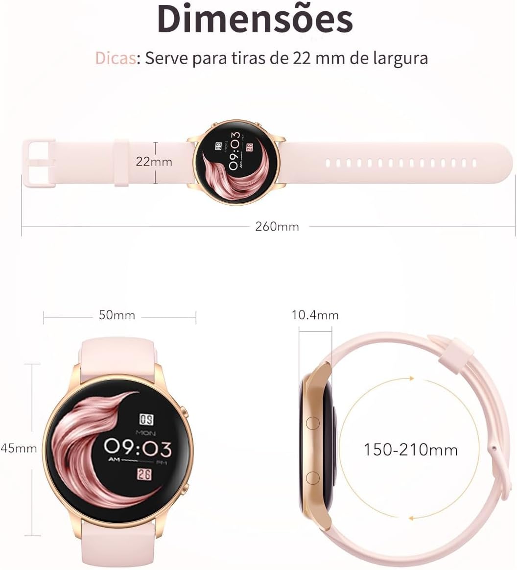 Relogio Smartwatch Feminino Redondo Tela Full Touch 1.32",IP68 à Prova d'Água,Ligações Bluetooth,100+Modos,Recebimento Notificações,Faz e Recebe Chamadas Funções Relógio Smartwatch Inclui 2 Pulseiras Relogio Smartwatch Feminino Redondo Tela Full Touch 1.32",IP68 à Prova d'Água,Ligações Bluetooth,100+Modos,Recebimento Notificações,Faz e Recebe Chamadas Funções Relógio Smartwatch Inclui 2 Pulseiras
