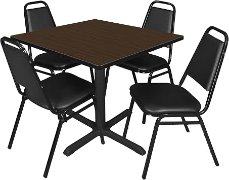Romig Pillar 36 in. Square Breakroom Table- Neo Walnut & 4 Restaurant Stack Chairs- Black