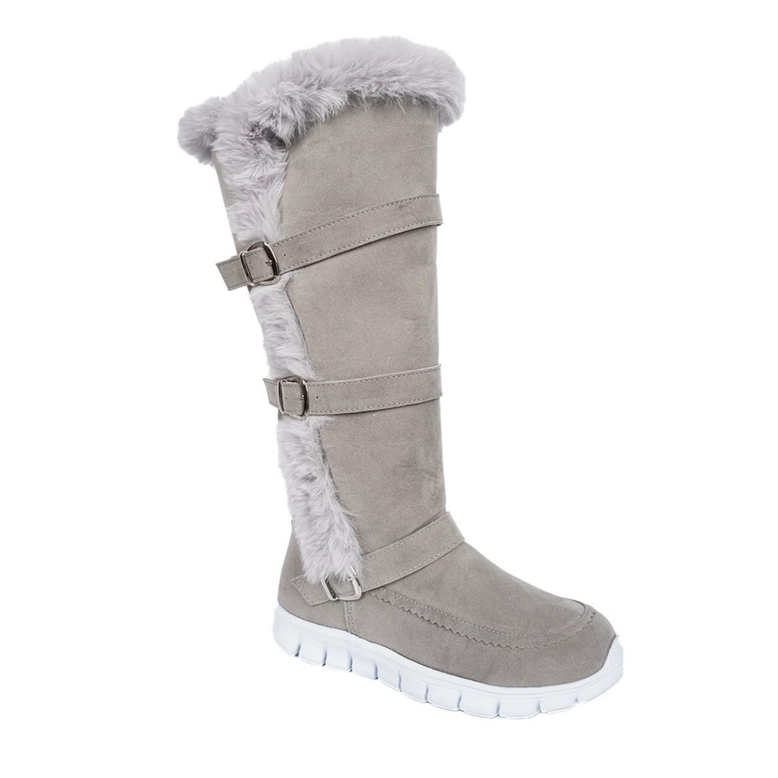 Knee High Boots for Women Warm Fur Lined Winter Snow Boots Vintage Suede Mid Calf Booties Buckle Strap