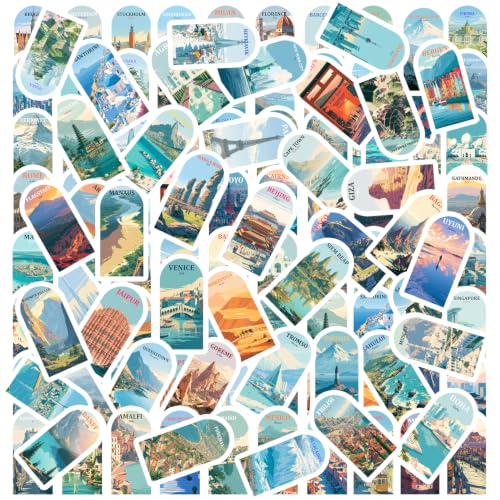 Image of Vintage Travel Landmark Vinyl Sticker Pack of 80 | Waterproof Aesthetic City & Landscape Decals for Laptop, Water Bottle, Suitcase, Journal, Notebook, & Scrapbook | World Travel Poster Collection