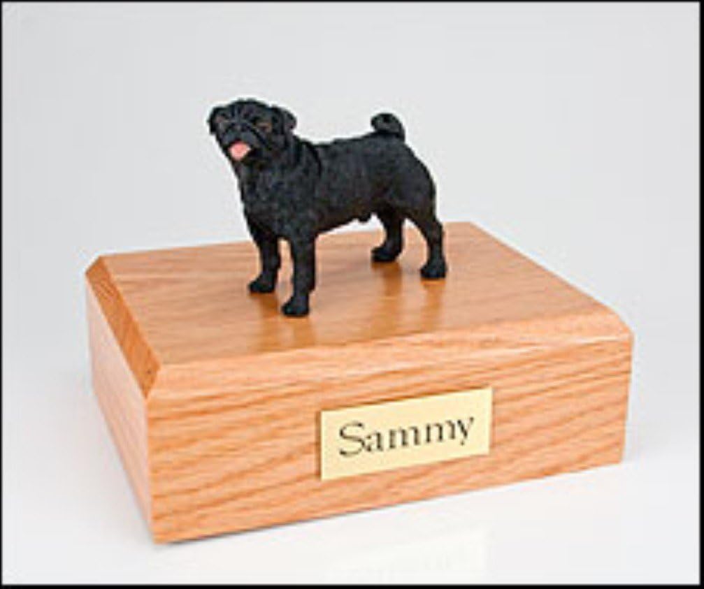 Pug Dog, Pet Cremation Urn - Black Pug Figurine on Traditional, Small Sized, Maple Wood Urn. (Listing Is for a Maple Wood โฆ Please See Color Swatch โฆ NOT Oak Wood, As Pictured.)