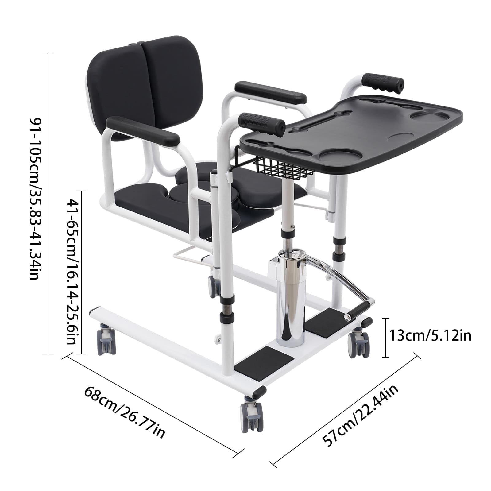 Silla de Transferencia Hidráulica para Pacientes y Mayores, Dividida a 180°, Sillón Multifuncional Altura Ajustable con Ruedas Universales, Mesa de Comedor y Maceta Portátil (Negro)
