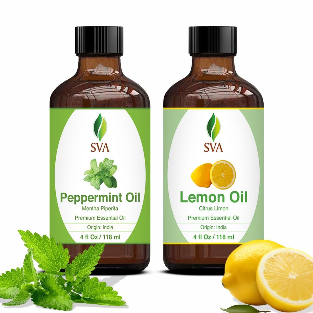 SVA Peppermint Essential Oil and Lemon Essential Oil 4oz Bundle Super Saver Combo – Premium Grade Value Set for Aromatherapy, Scalp Massage, Hair Care, Skin & Body