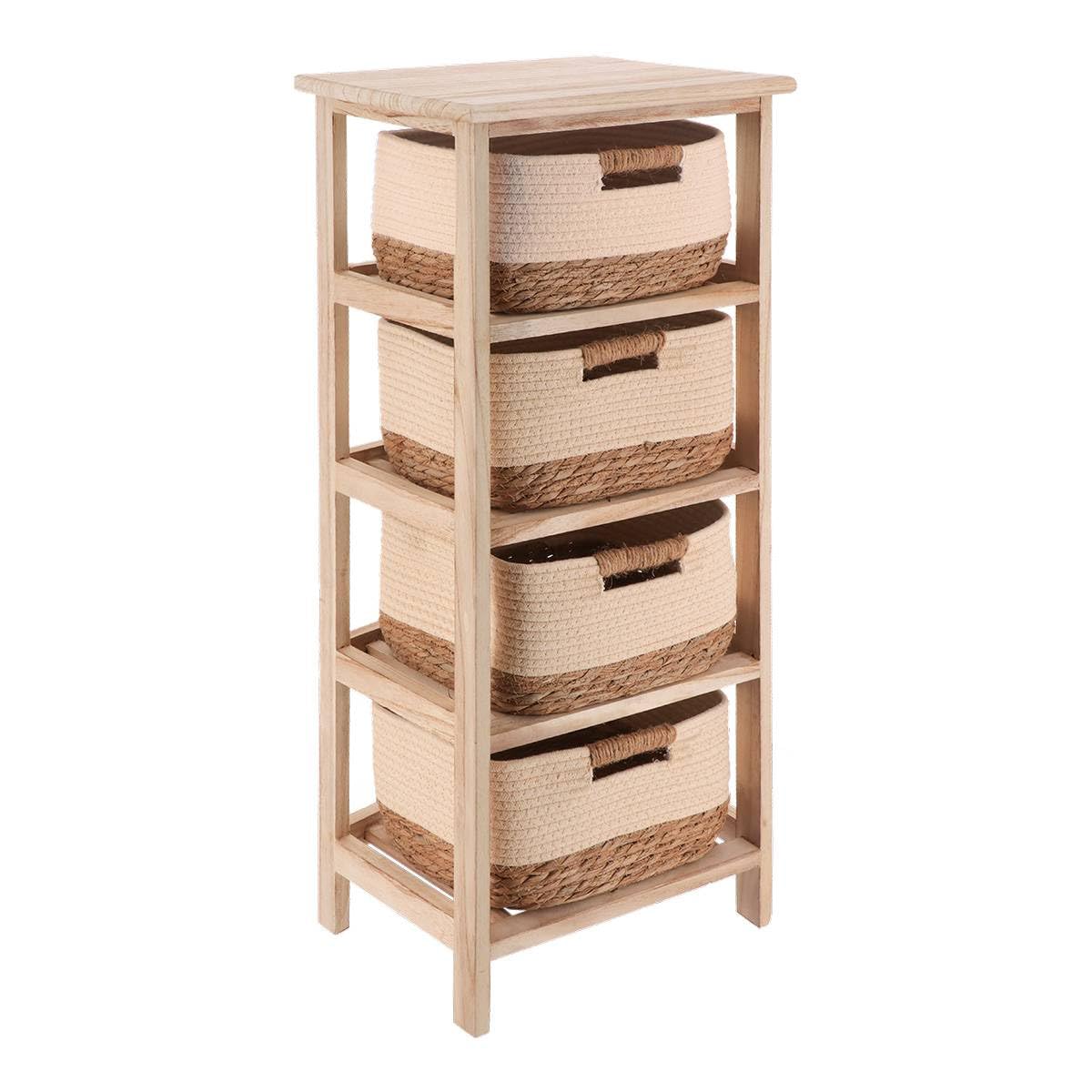 Tendance - Meuble en Paulownia 4 Paniers en Matière Végétale et Coton - Naturel/​Beige - Salle de Bain - Meubles Bois Montés