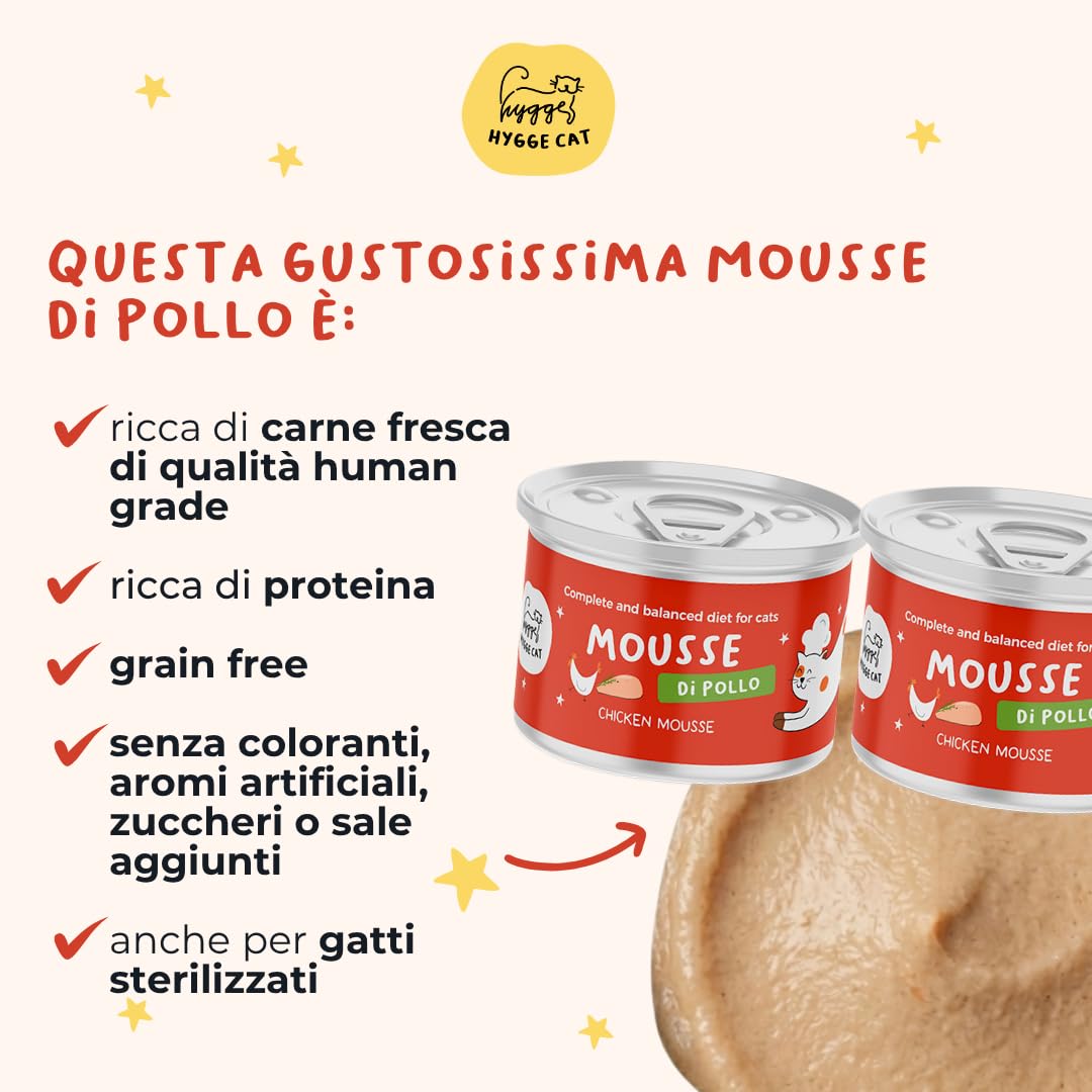 Mousse di Pollo | Cibo Umido per Gatti Adulti | Alimento Completo con Ingredienti Naturali | Grain Free | Ricco di Proteine e Vitamine | 36x85 g Made in Italy | Hygge