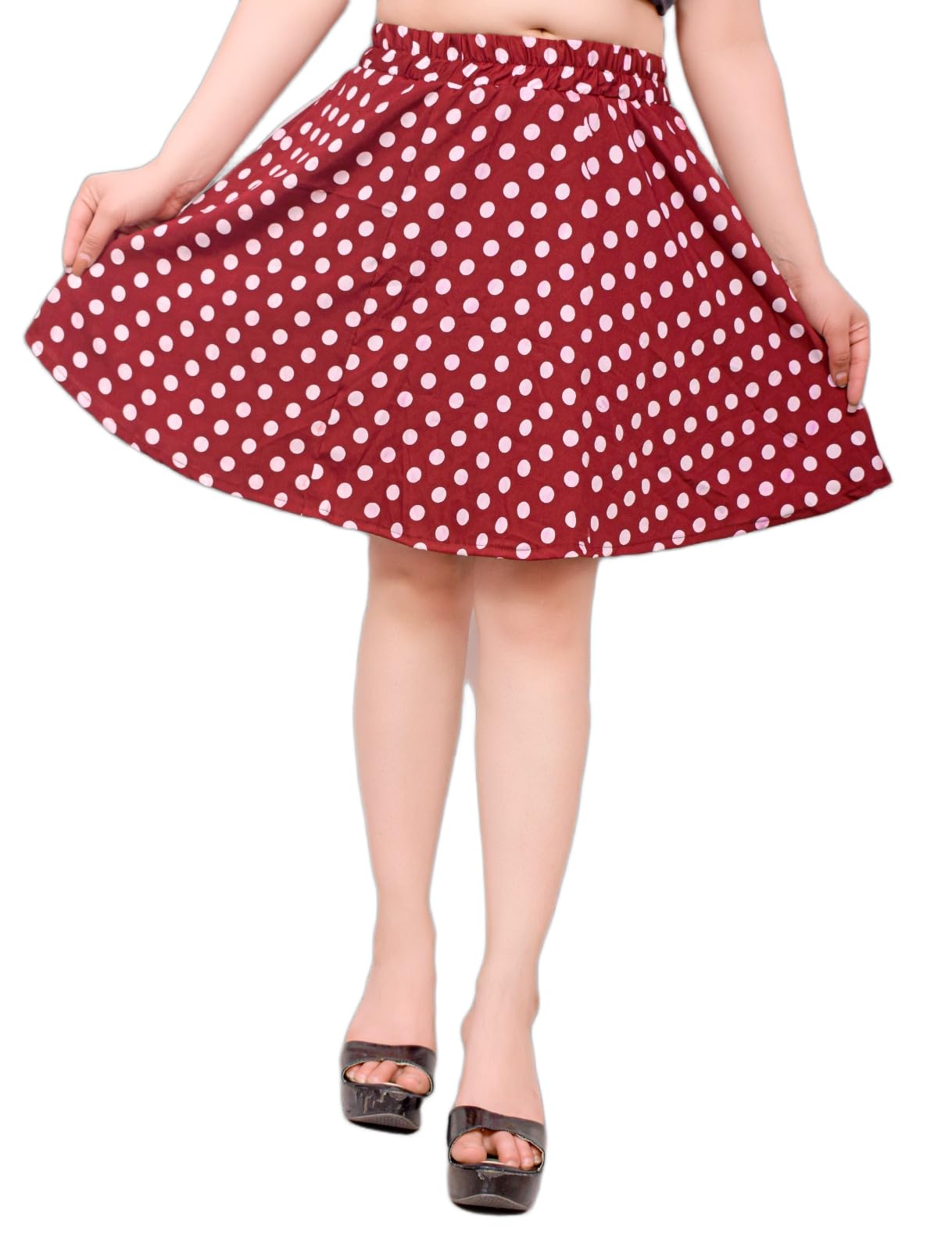 one amore Playful Polka Charm Red Colored Above Knee Flared Skirt with Print