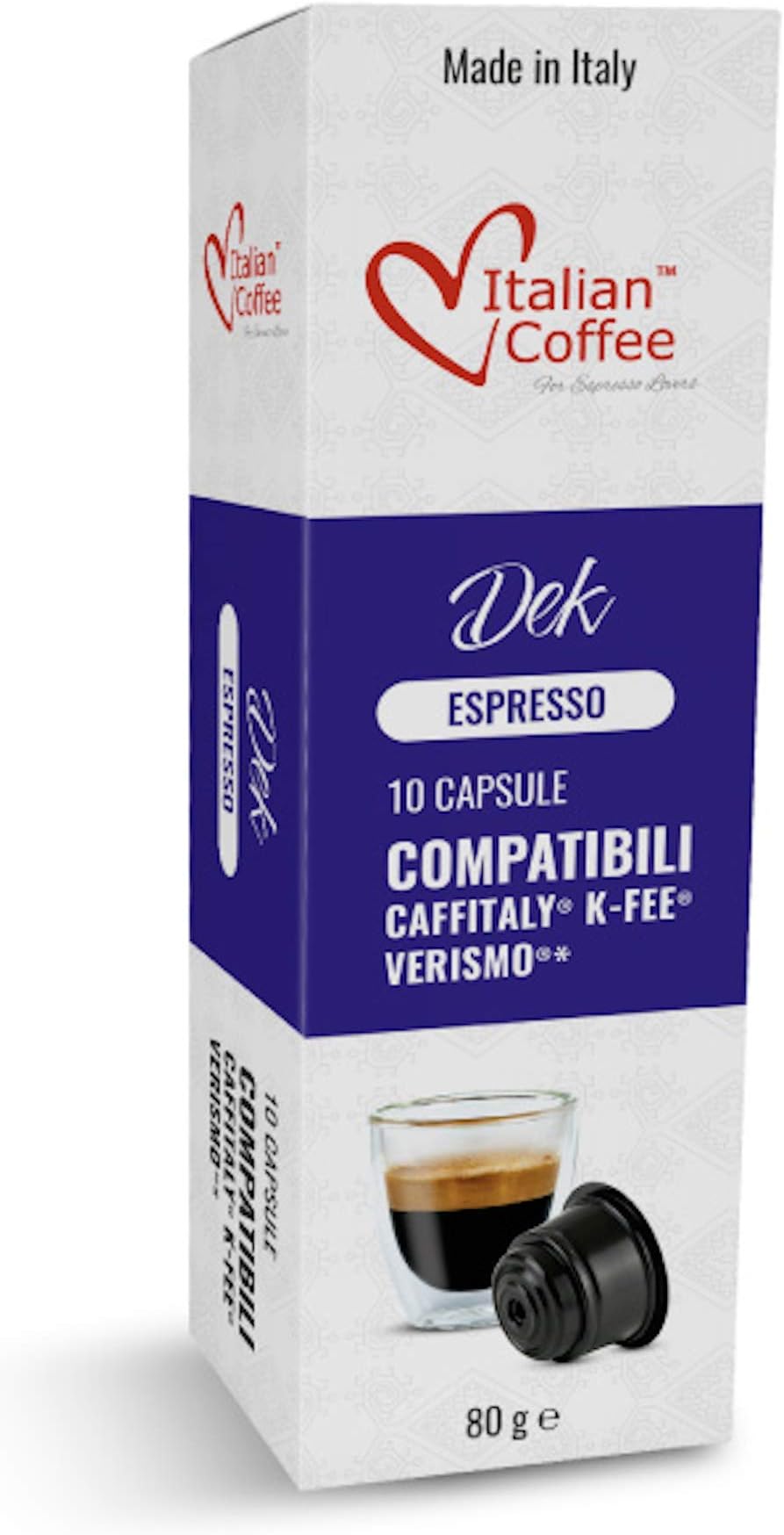 Italian Coffee Decaffeinated Espresso capsules compatible with Starbucks Verismo, CBTL, Caffitaly, K-fee systems "DEK" (80 pods "DEK" DECAF blend)