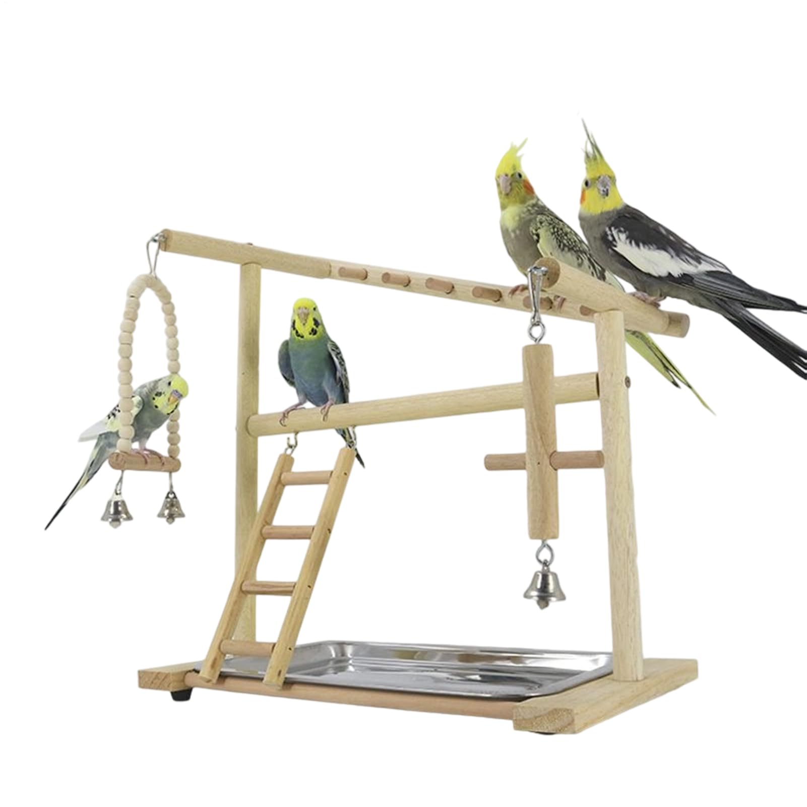 Perchoir Pour Oiseaux Balançoires Échelles En Bois | avec Plateau Amovible Acier Inoxydable et Bol Support Bois Perroquet Pour Dressage, Fourrage, Maison, Intérieur et