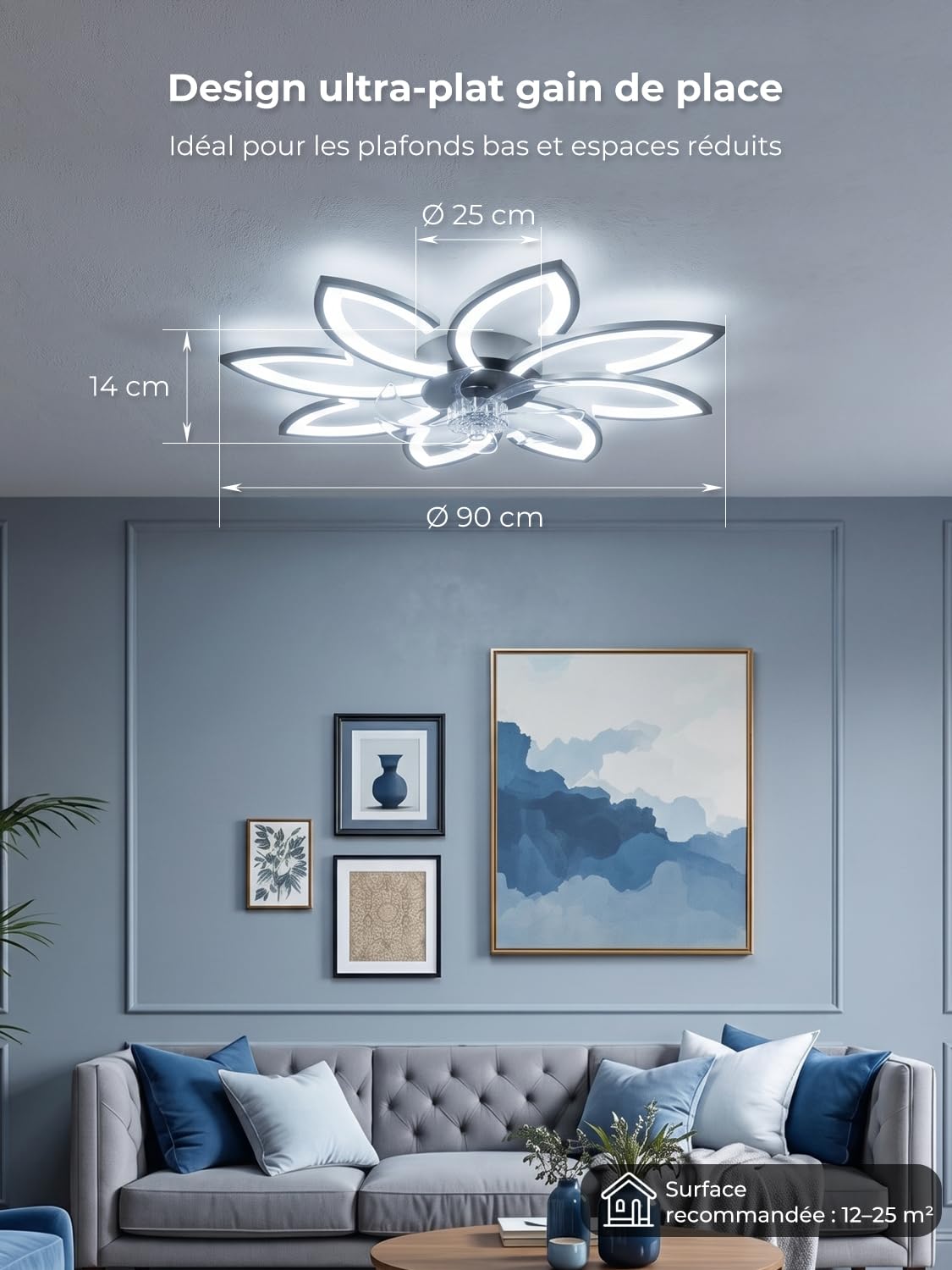 Ventilateur de plafond, 90 cm, très silencieux, à intensité variable, avec ventilateur, moteur DC, moderne, fonction été, hiver, pour chambre à coucher, cuisine, noir