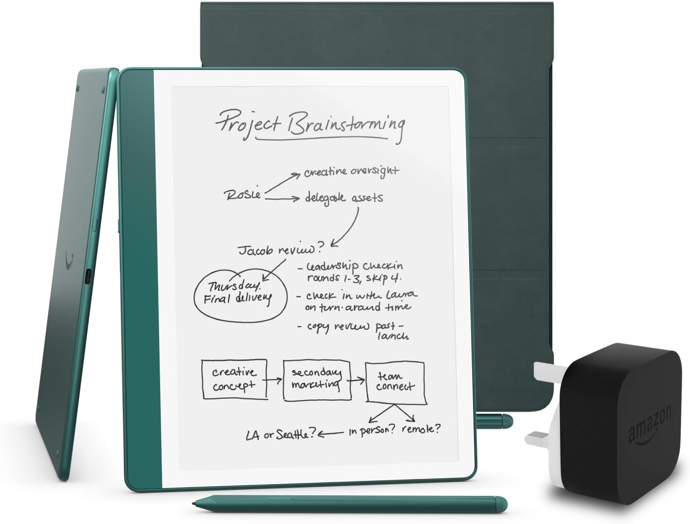 Kindle Scribe (2024 Release) 64 GB, an Amazon Premium Leather Cover and an Amazon Powerfast 9W Power Adapter