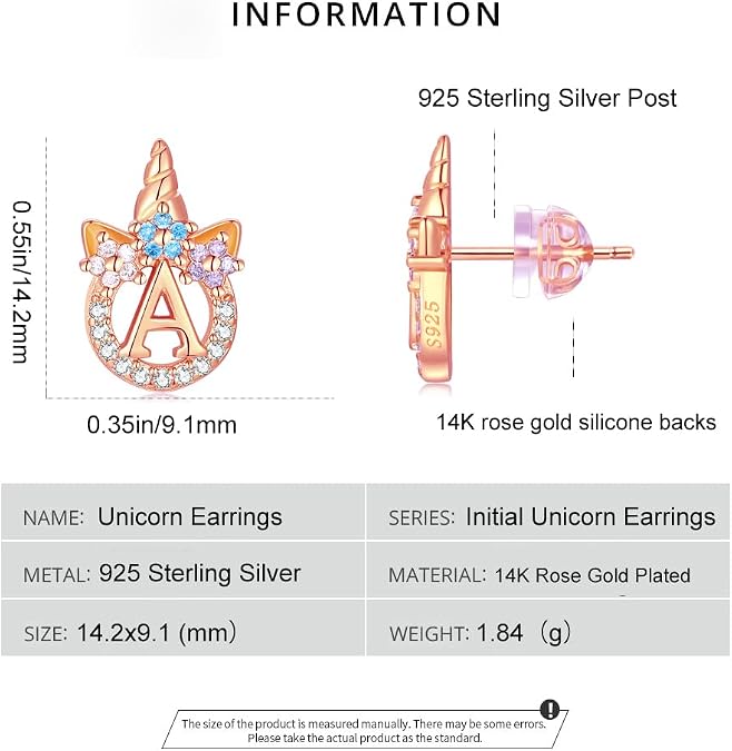 Unicorn Sterling Silver Initial Earrings for Girls Women - Hypoallergenic 14K Gold/White Gold/Rose Gold Plated Letter Earrings for Little Girls Kids - Unicorn Gifts