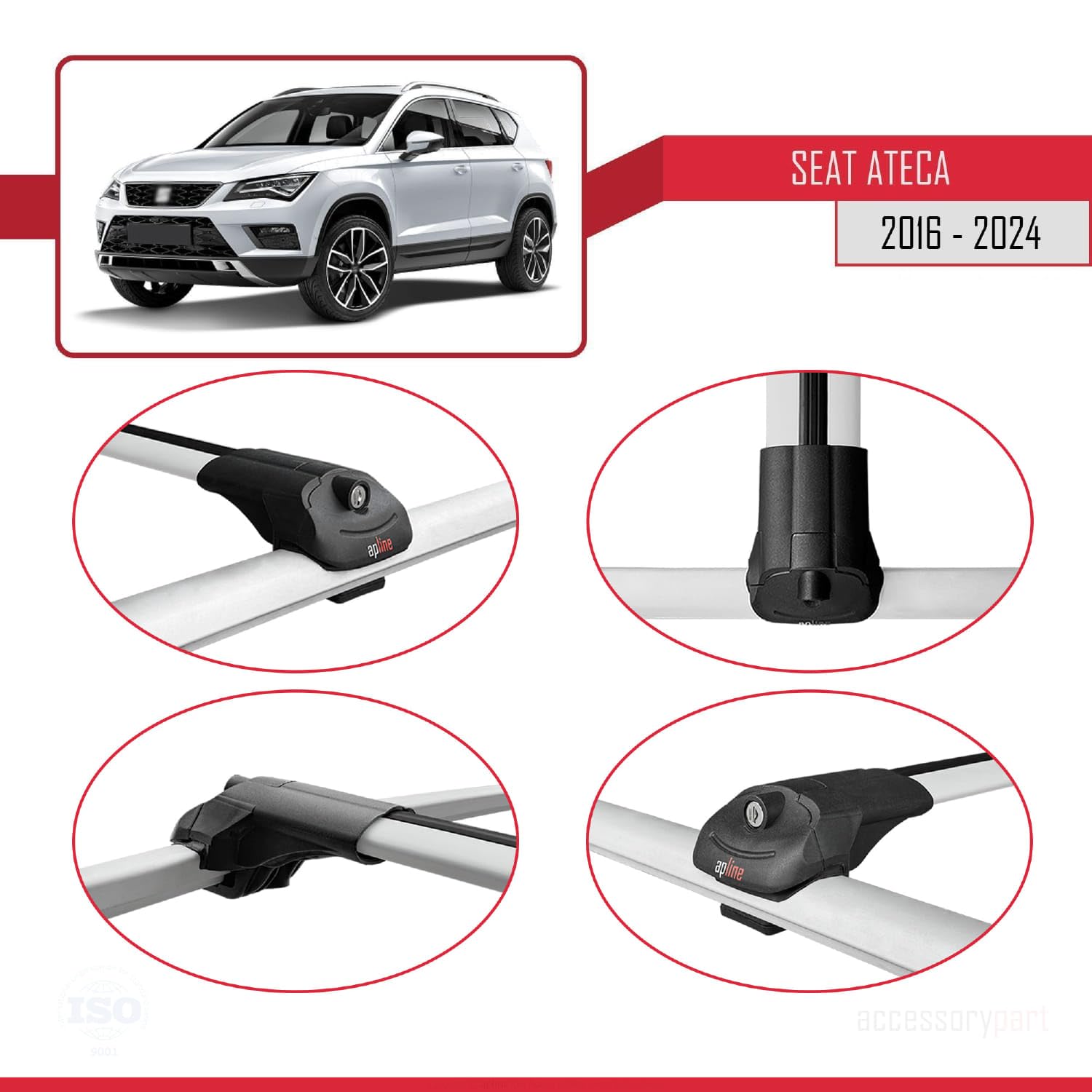Compatible con Seat Ateca (KH7) 2016-2026 Ace-1 Barras de Techo Auto Portaequipajes Barras Transversales Gris Aluminio 2 Barras