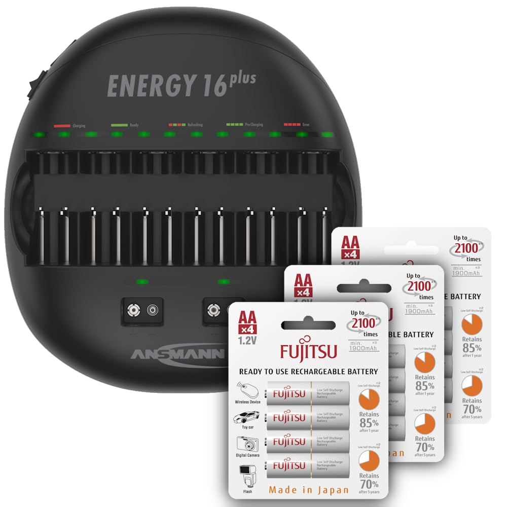 ANSMANN Energy 16 Plus Chargeur de batterie individuel pour piles rechargeables NiMH AAA, AA, C, D, 9 V avec port USB, comprend 12 piles rechargeables Fujitsu AA 2000 mAh