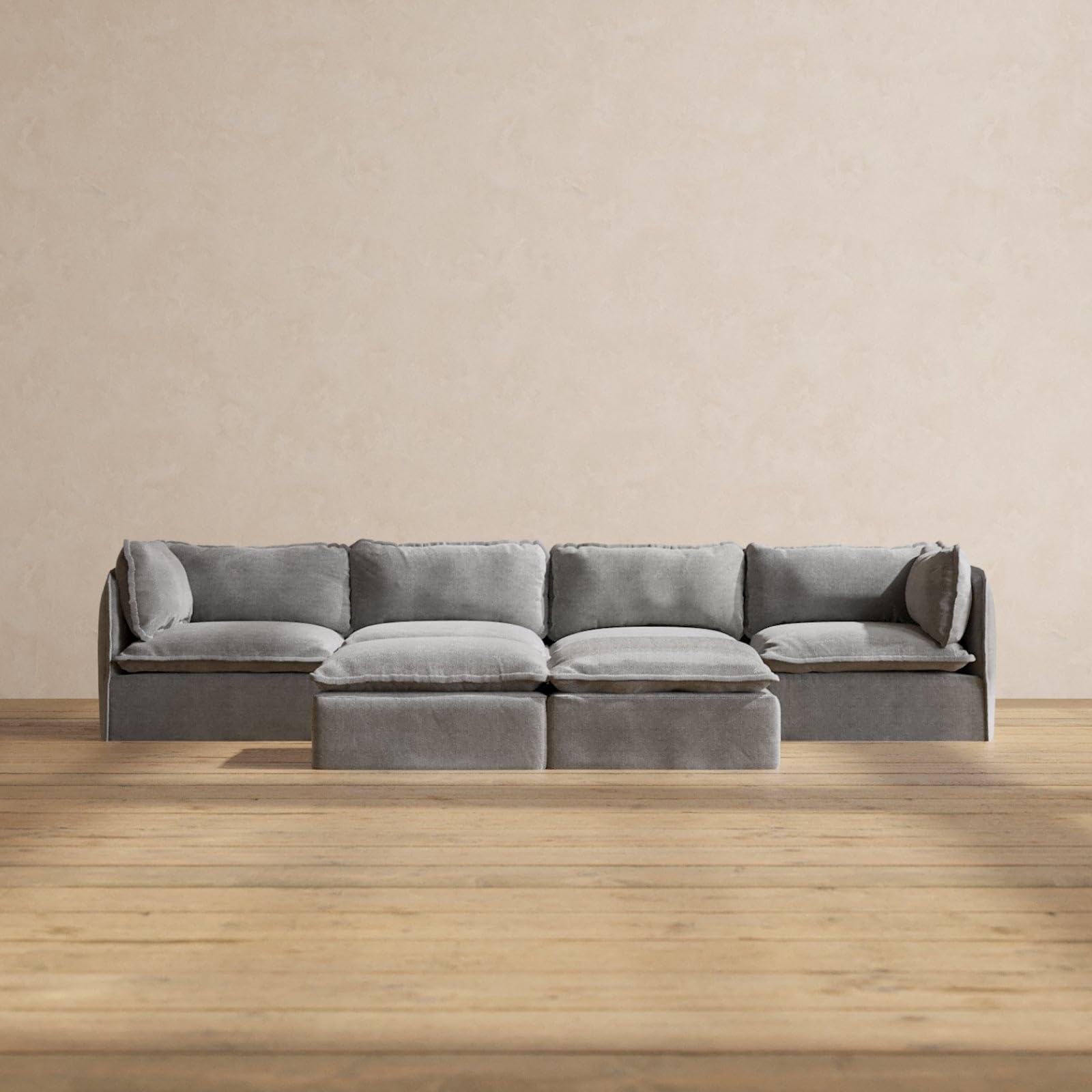 Anabei Modular Washable 4-Seater + Bench Ottoman in Ash | Deluxe+ Seat | Cloud Pillow