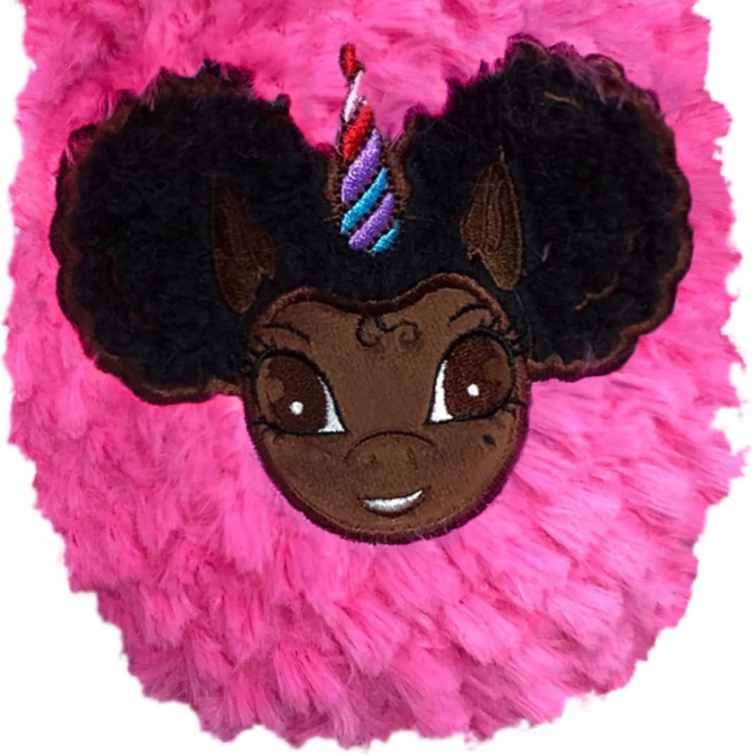 YOUnicorn Kidz Afro Puff Unicorn Hot Pink Plush Slipper - Dark Brown with Black Hair