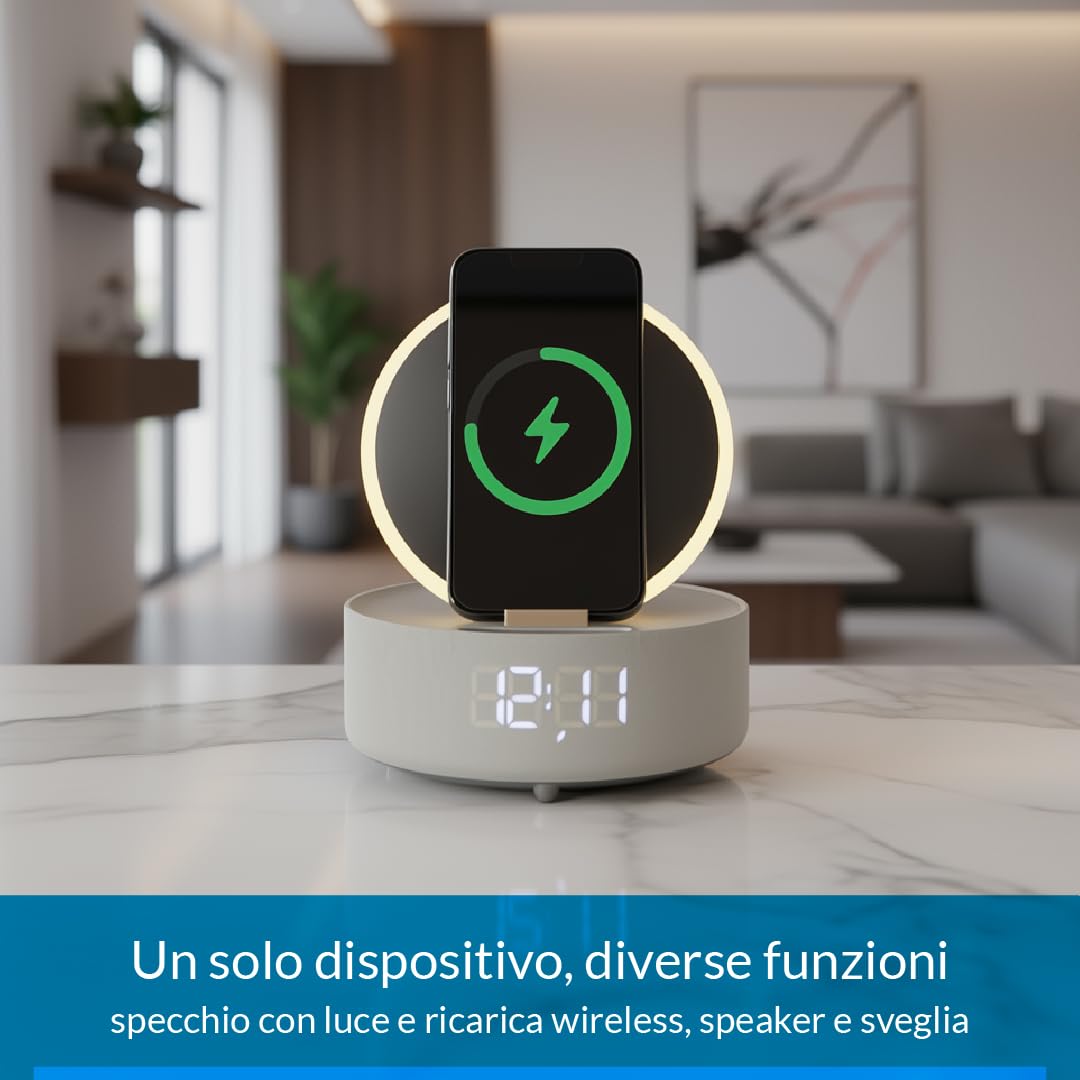 Make Up Specchio LED da Tavolo con Luce Dimmerabile, Ricarica Wireless Qi, Cassa Bluetooth e Orologio Digitale, Specchio Beauty per Trucco e Skincare (Beige)