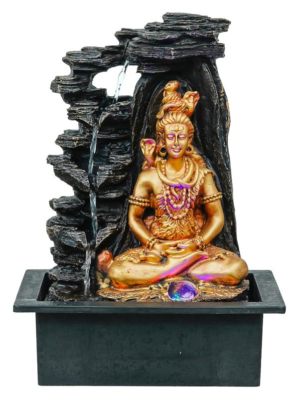 Image of Golden Brown Polyresin Tabletop Lord Shiv 4 Step Indoor Water Fountain for Home Decor with LED, Speed Control Pump (Size: 29 x 22 x 40 CM | Weight: 1780Gram)