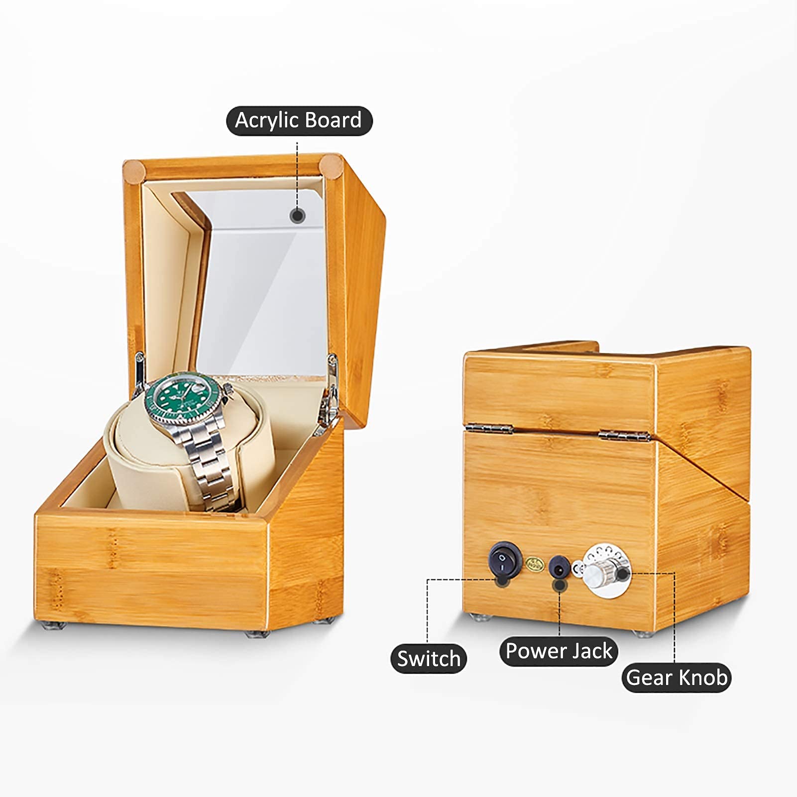 Remontoir de montre Remontoirs de montre Remontoir de montre en bambou Shaker de montre automatique Placeur rotatif de montre mécanique Boîte de rangement de montre Tournez la montre (Bambou 2 + 0 A)