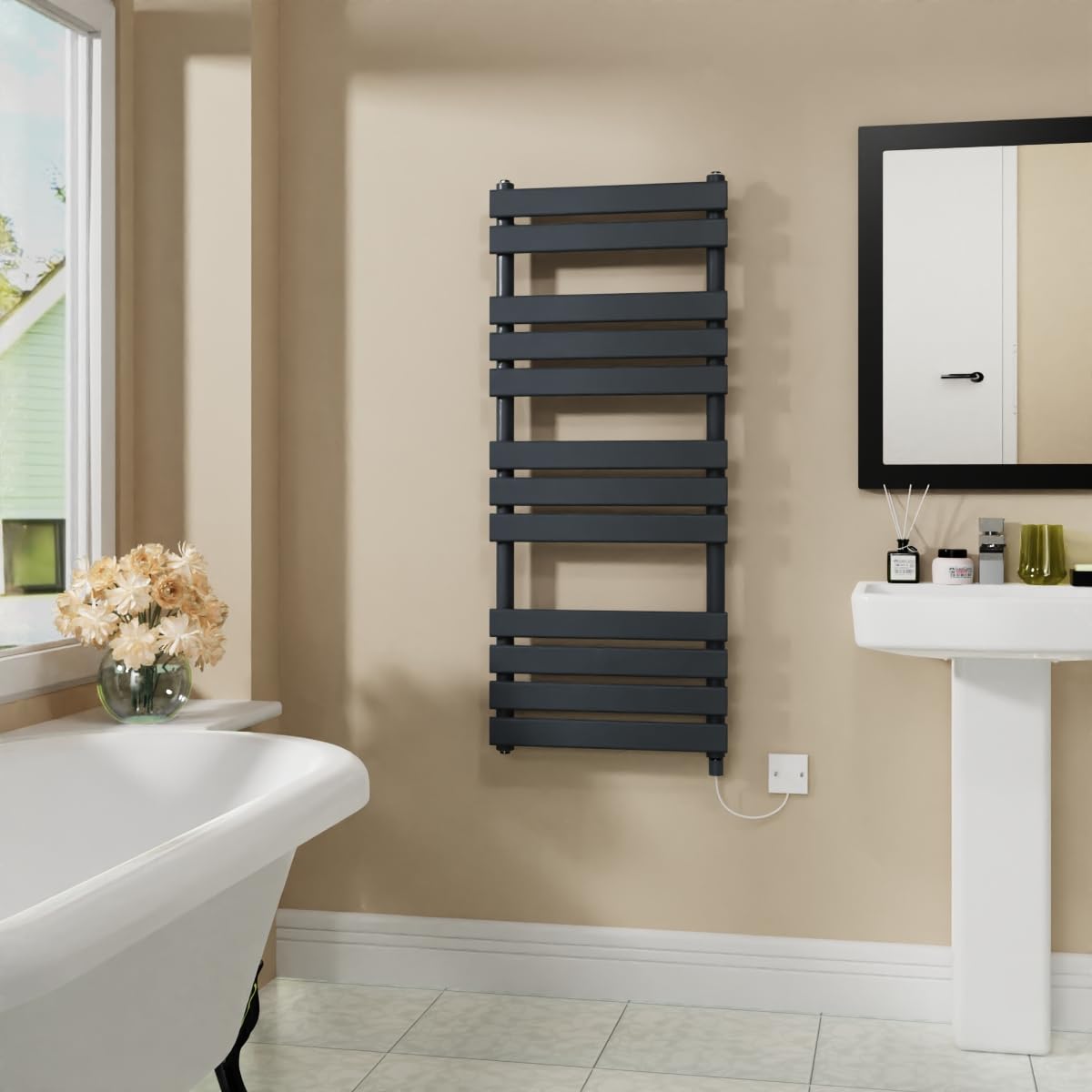 Warmehaus Sand Grey Electric Flat Panel Heated Towel Rail Bathroom Ladder Radiator Warmer 1200X500mm 600W