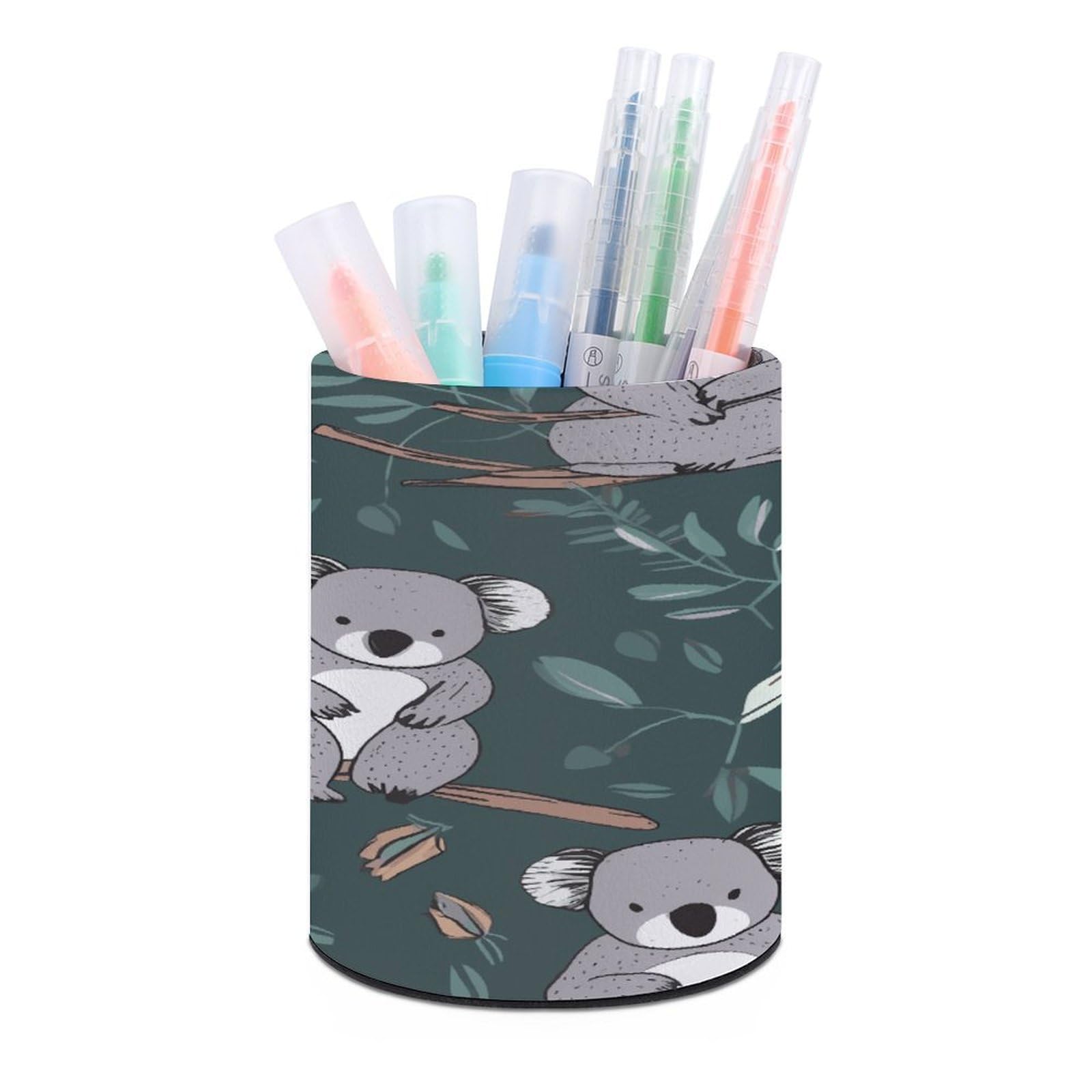 FekiLoot Lovely Koala Pen Holder Cup Fashion PU Leather Pencil Cup Minimalist Pen Organizer Round Pencil Holder Stand Work Locker Accessories for Decoration Desk Office Home