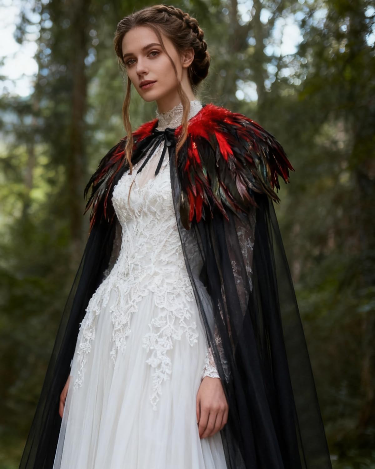 keland Cape Tulle Noir avec Châle à Col de Plumes Déguisement Maléfique Halloween (Rouge)