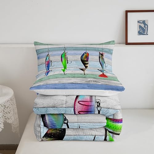 Miniatura 4 de Erosebridal Colorido juego de ropa de cama tamaño King, juego de edredón de pesca con anzuelo para niños, niñas y adolescentes, edredón rústico de