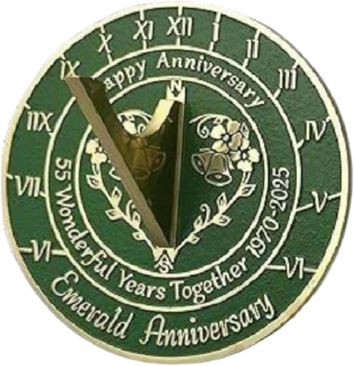 '55th Emerald Wedding Anniversary' 1970-2025 Metal Home Decor Sundial | Garden Present Idea for Him Her Parents Couple Handmade Anniversary 55 Year Celebration Sundial 10" Green