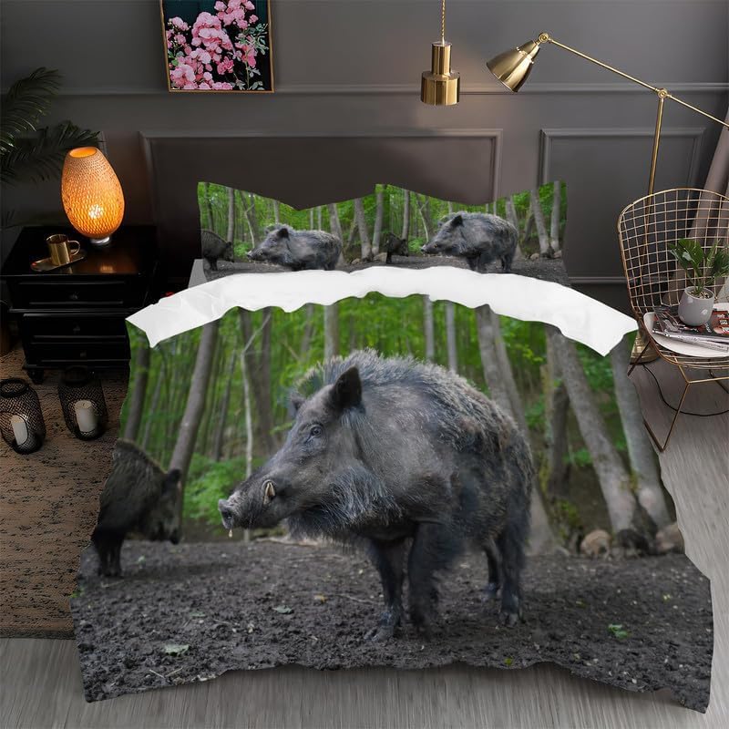 Housse de couette 220x240 sanglier avec 2 taies d'oreiller microfibre