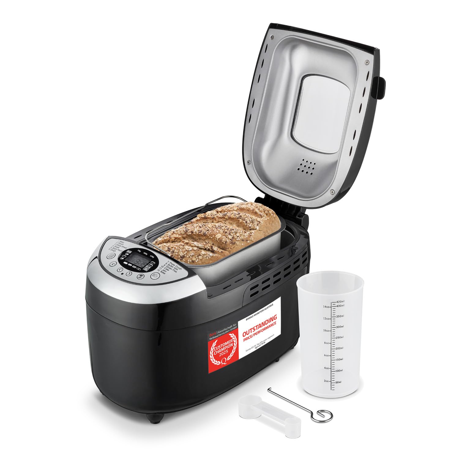 TZS First Austria - Macchina per il pane con 12 programmi automatici 850W - Panificatore elettrico da 700-1250g - Con finestrella, timer, accessori e funzione di mantenimento in caldo - Nero