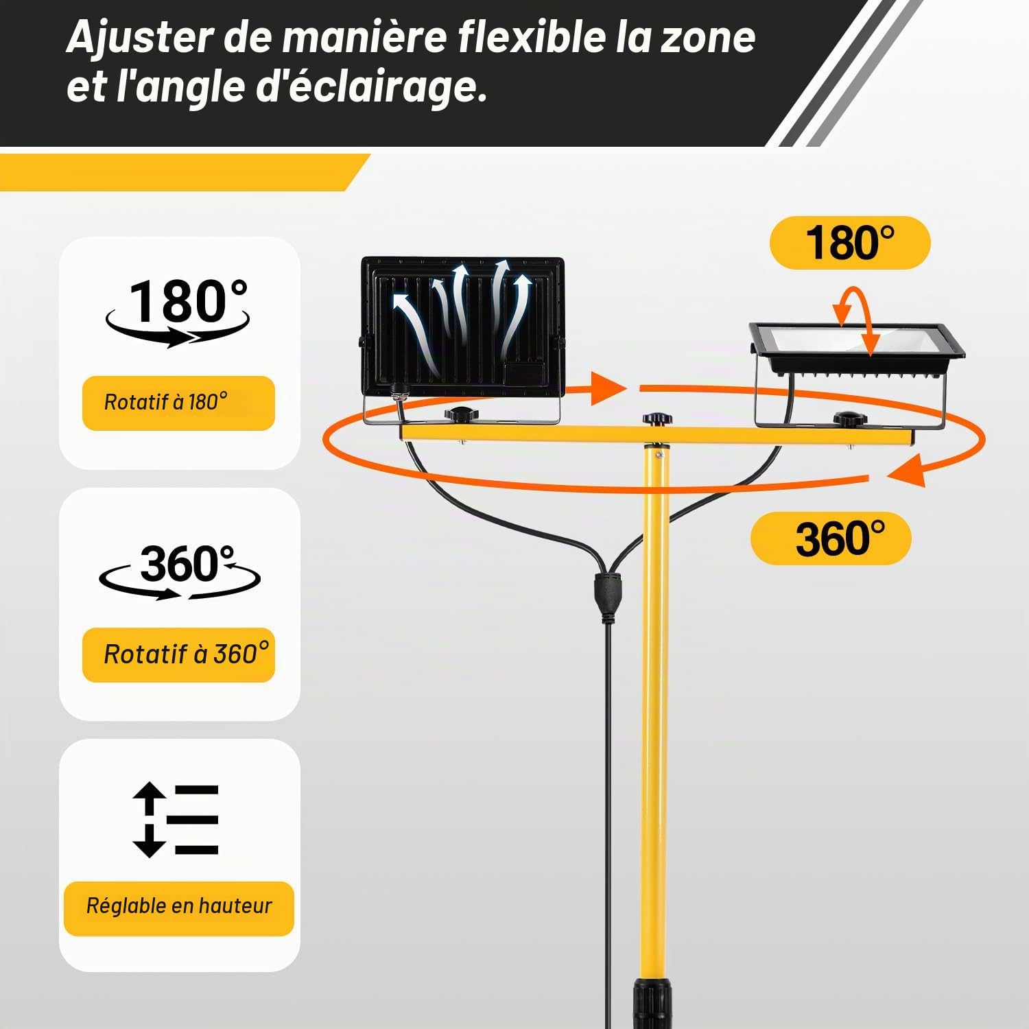 Projecteur de chantier ISOISL avec trépied 2x50W, projecteur LED 2x5000 lumens, télescopique réglable à 1,60 m, rotation à 360°, câble de 300 cm, IP66 pour garage, atelier, chantier, blanc froid