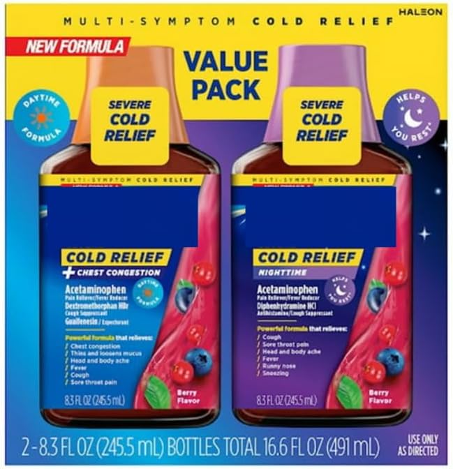 SEDLAV Severe Cough Cold and Flu Day and Nighttime Relief Medicine Syrup, Berry, 8.3 Fl Oz, 2 Pack, Sticker,