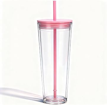 24oz Tumbler with Lid and Straw, Leak Proof and Double Wall Insulated Reusable Plastic Cups,Travel Reusable Iced Coffee Cup 1, Pink