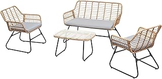 Muebles de jardín Riviera, color negro y marrón – Juego de salón de dos plazas con 2 sillones y mesa auxiliar, sofá pequeño de jardín de polirratán, estructura de metal resistente a la intemperie
