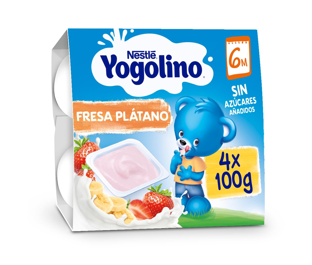 Nestlé Yogolino Fresa Plátano sin Azúcar Añadido, 8+ Meses, 4 x 100g