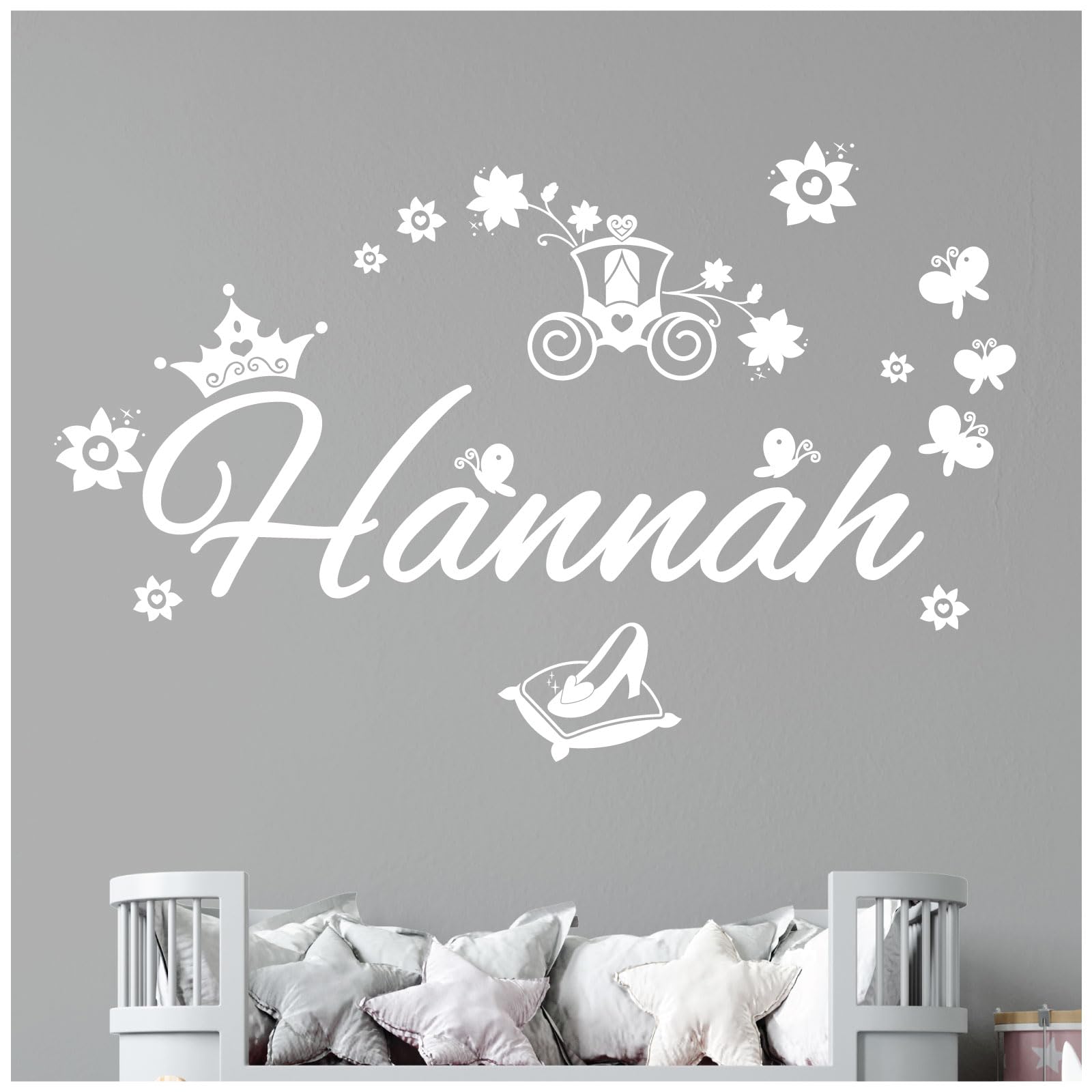 Personalised Name Girls Wall Art Sticker - Princess Fairy Tale Cinderella Story [Large] [White] — image 1