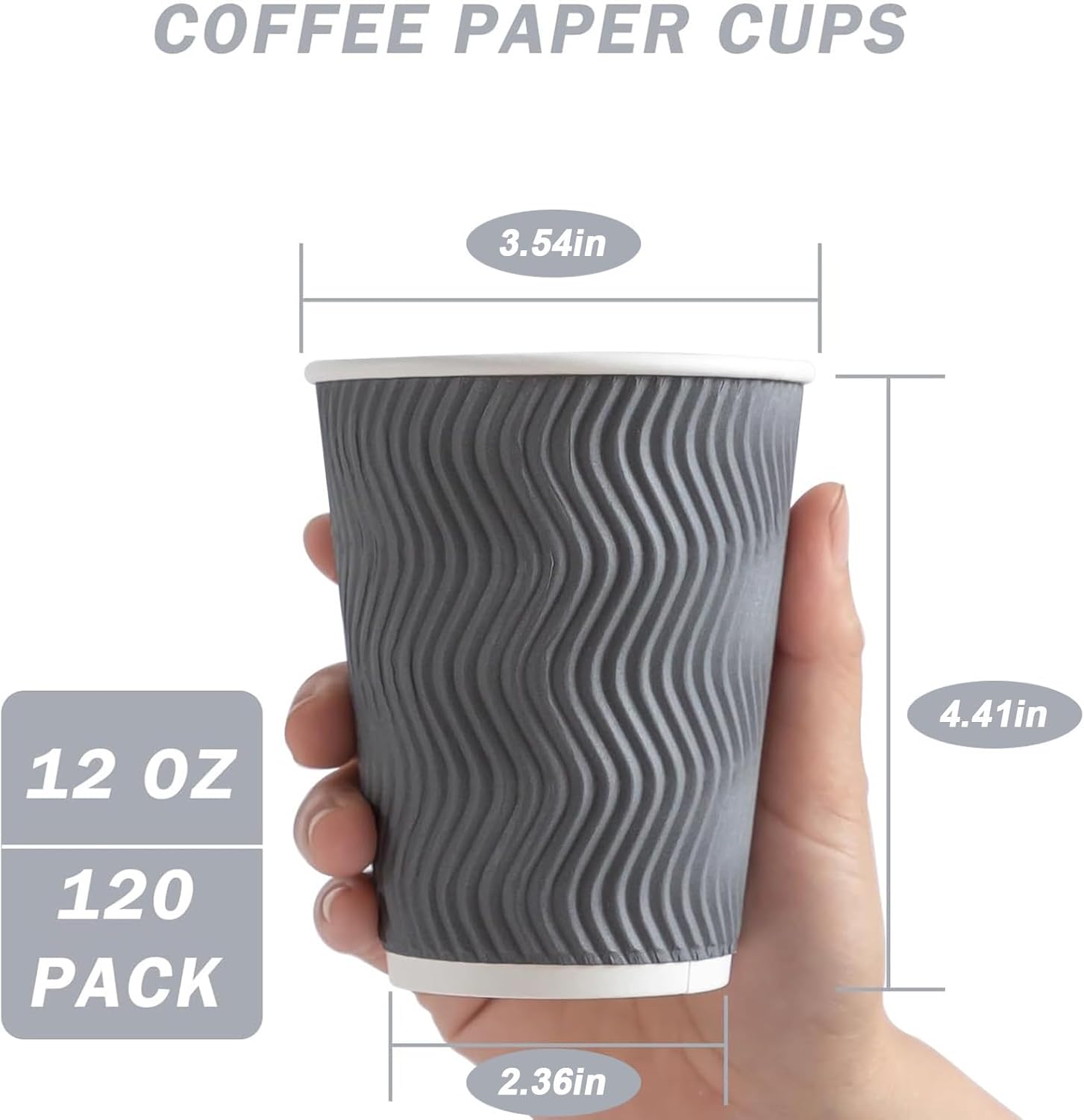 Coffee Cups 12 oz 120 Pack, Corrugated Insulated Ripple Wall Disposable Paper Coffee Cups 12oz, To Go for Hot Beverage or Cold Drinks Office/Home/Cafe/Party/Travel (Gray) | Corrugated, Insulated, Ripple Wall, Disposable, 12oz, To Go - Image 2