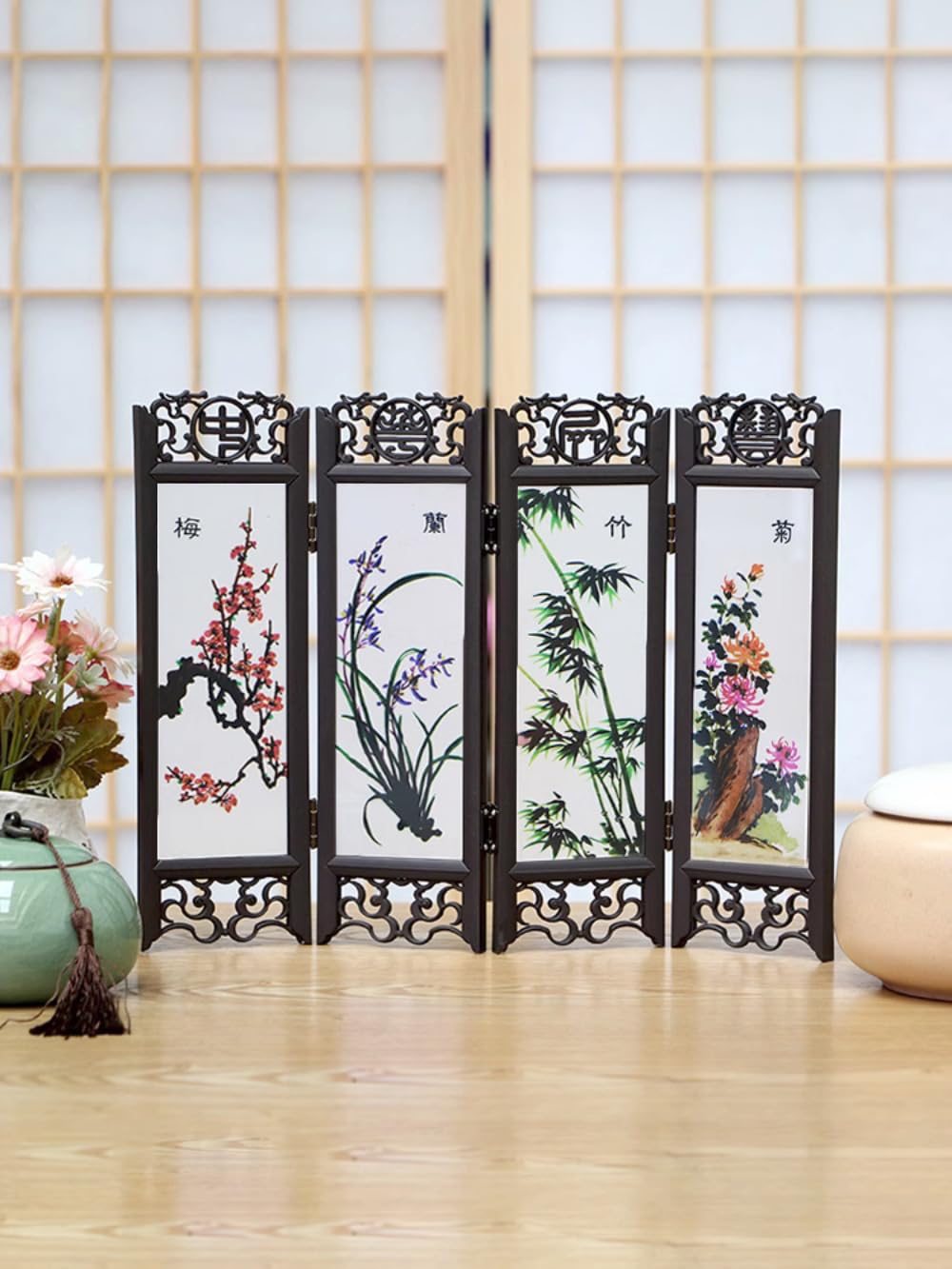 Składany parawan, Retro mały Mini składany Panel20cm śliwkowa orchidea bambusowa