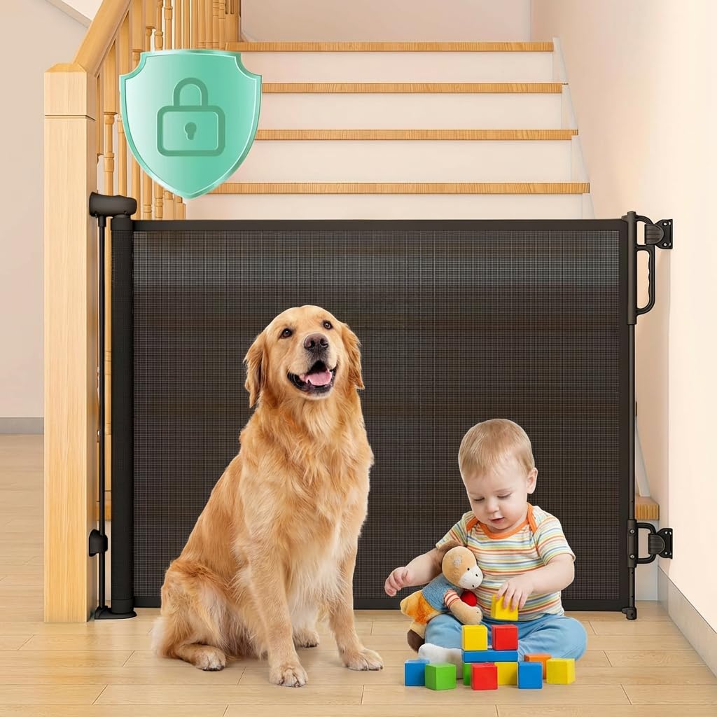 Reinforced 55“ Wide Retractable Baby Gates, No Drilling Design, Indoor/Outdoor Retractable Dog Gate for Doorway Prevent Bottom Drilling Through, Safety Mesh Baby Gate for Stair
