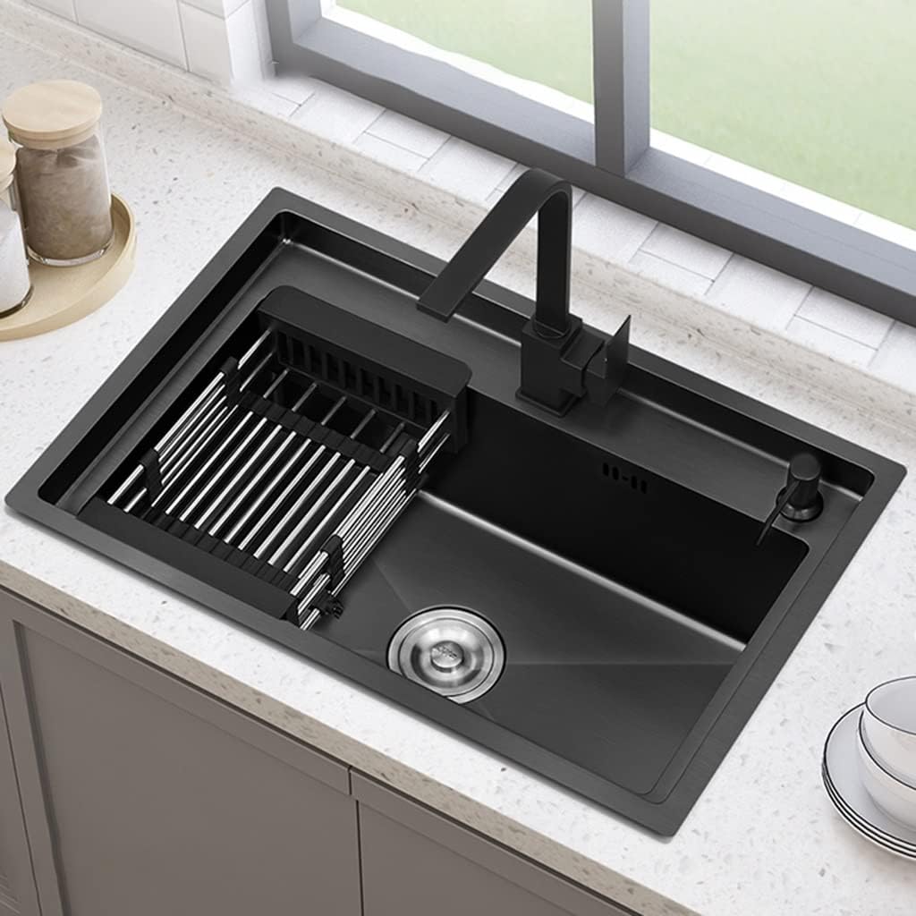 Kitchen Sink, With Faucet Black 304 Stainless Steel Large Single Sink, Prep Sink, Drop-In Or Undermount Installation, Easy To Clean