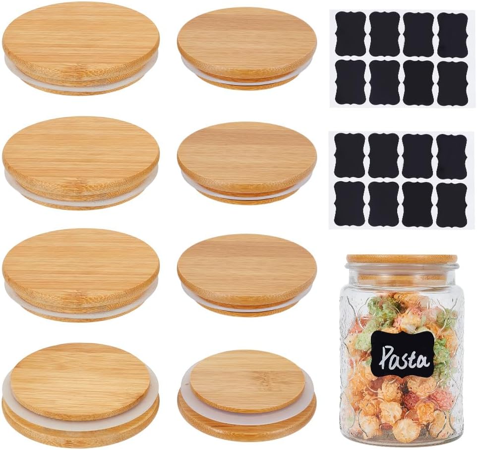 NBEADS 8 Pcs 2 Sizes Bamboo Glass Lids, 85/98mm Wooden Jar Lids Airtight Wooden Lid with Silicone Ring and Adhesive Sticker for Wide Mouth Can Mason Jars Container Sealing