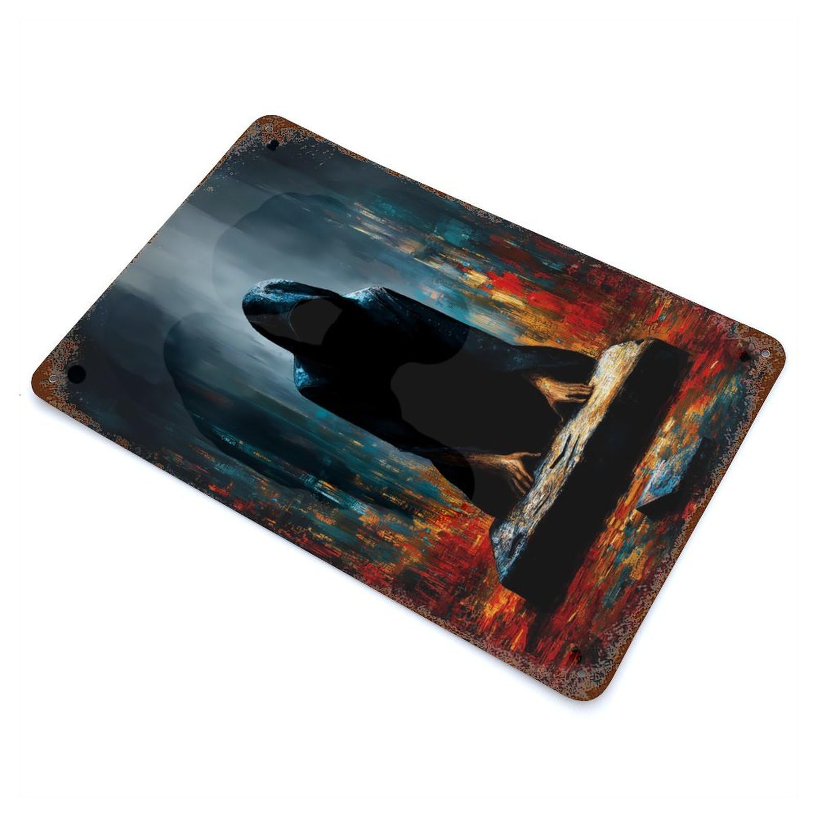 The Oath Beneath The Veil – The Kneeling Figure Before The Stone Aged Metal Wall Plaque 11.8"x7.9", Decorative Metal Wall Art for Garage, Pub Or Kitchen