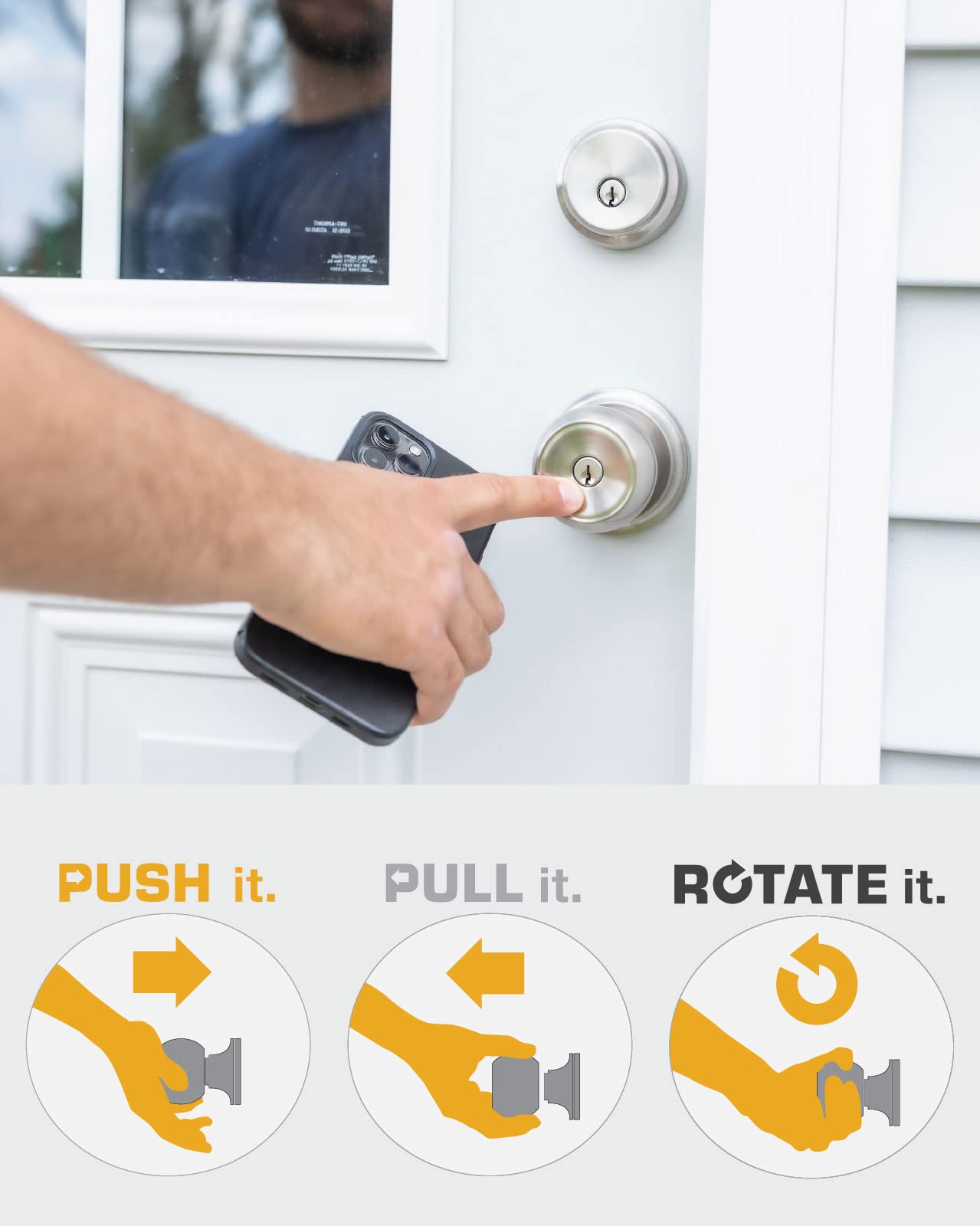 BRINKS - Stafford Front Door Keyed Door Knob, Satin Nickel - Hands-Free Door Handle Opens 3 Ways: Push, Pull, Rotate - Image 3