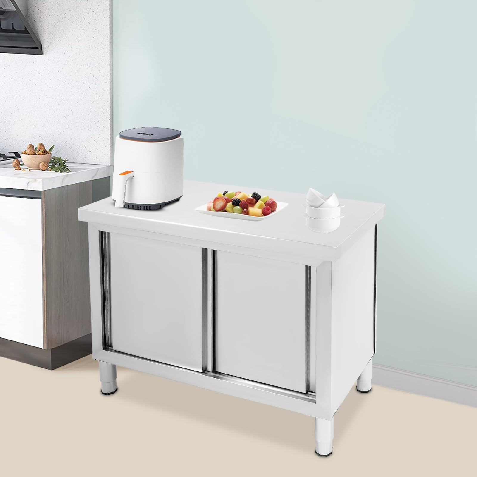 Armadio da lavoro con ante scorrevoli, tavolo da lavoro, in acciaio inox, per casa, ristorante, 100 x 50 x 95 cm