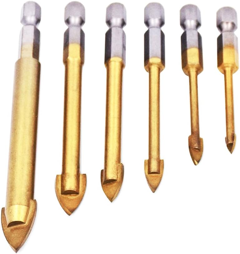 Tian 6pcs High Hardness Titanium-coated Carbide Alloy Glass Drill Bits 4mm/5mm/6mm/8mm/10mm/12mm - Quick Drilling Porcelain Tile Drill Bit Spear with 1/4" Hex Shank for Ceramic Mirror Marble