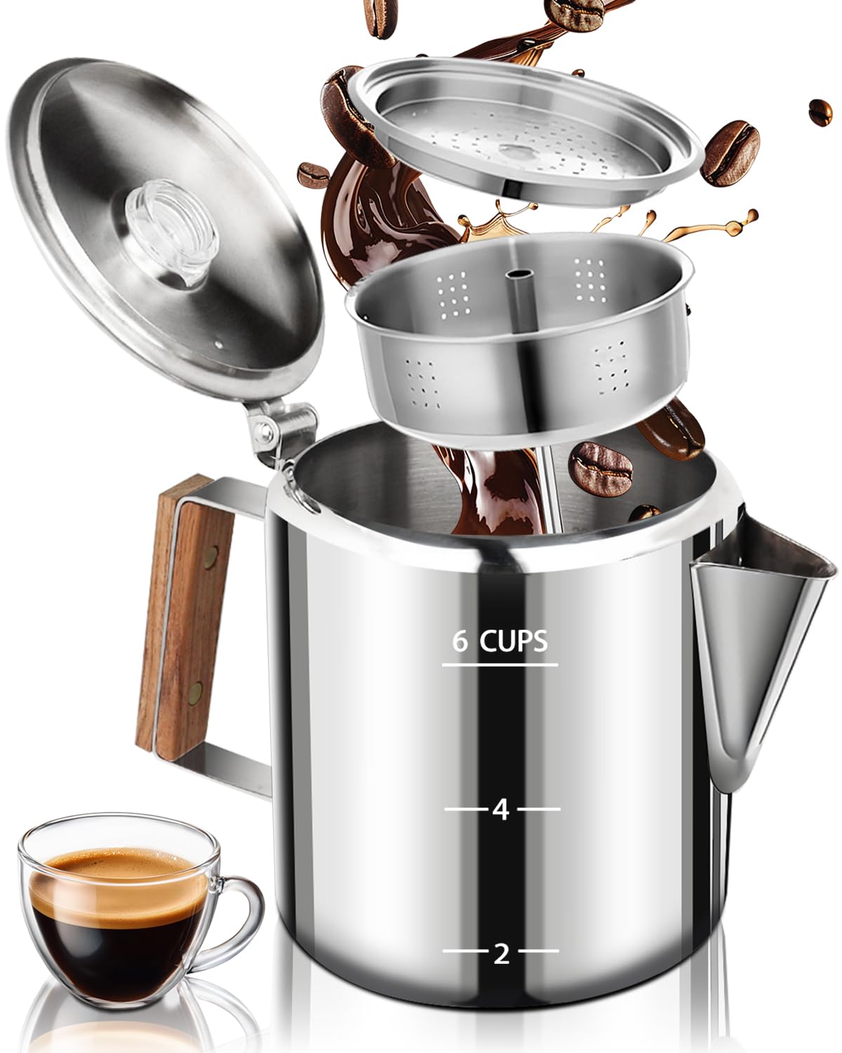 Cafeteira Belly Moka com Percolador em Aço Inoxidável 304, para Fogão, 6 Xícaras,