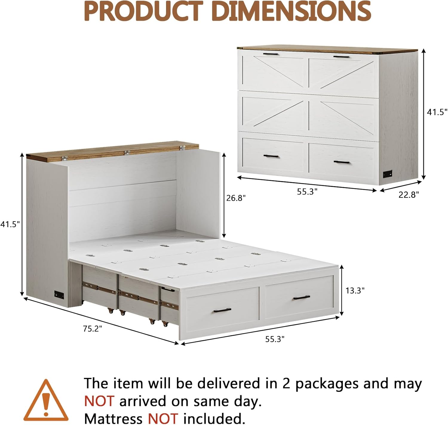 Product dimensions of the CHUWELL Murphy Bed in both cabinet and bed forms