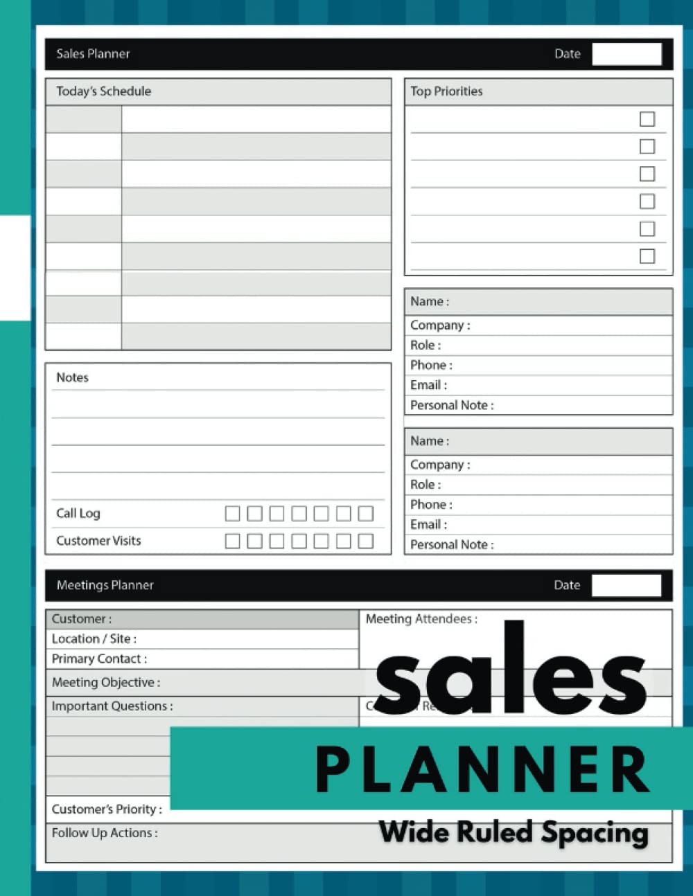 Sales Planner Wide Ruled Spacing: Organizer for Professionals and Businesses, Blue Green